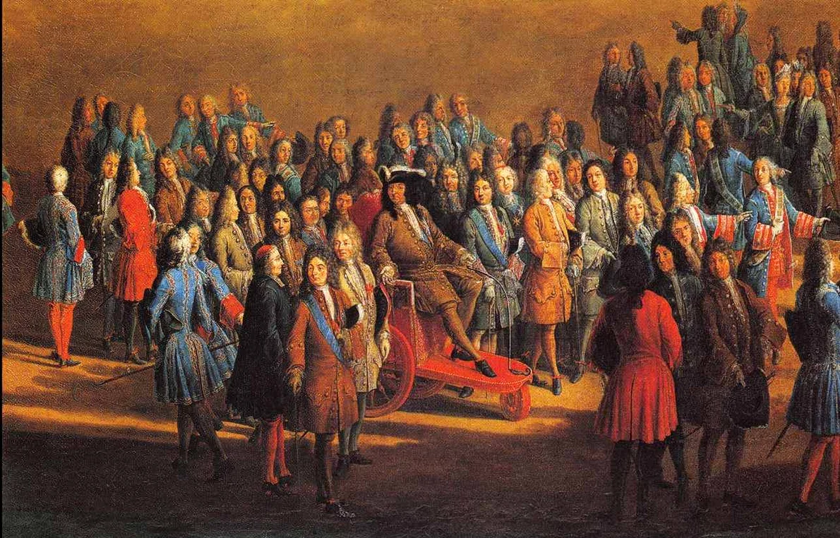 Plimbarea regelui, alături de curtenii săi, în grădinile Palatului Versailles; detaliu dintr-o pictură de Pierre-Denis Martin, realizată la sfârşitul secolului al XVII-lea (© Getty Images)