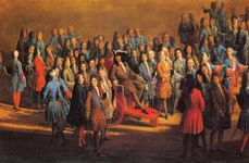 Plimbarea regelui, alături de curtenii săi, în grădinile Palatului Versailles; detaliu dintr-o pictură de Pierre-Denis Martin, realizată la sfârşitul secolului al XVII-lea (© Getty Images)