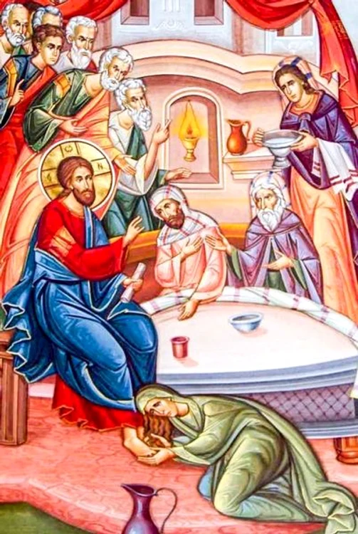 Femeia care unge picioarele Domnului cu mir este, potrivit Evangheliei după Ioan, Maria, sora lui Lazăr 