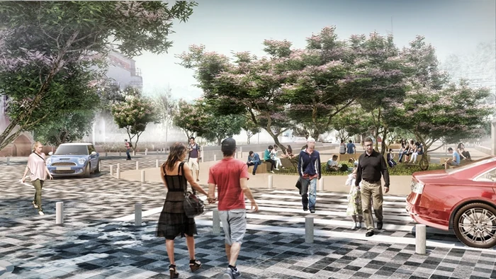 Între cele două parcuri din Piața Cantacuzino, va fi o zonă pietonală