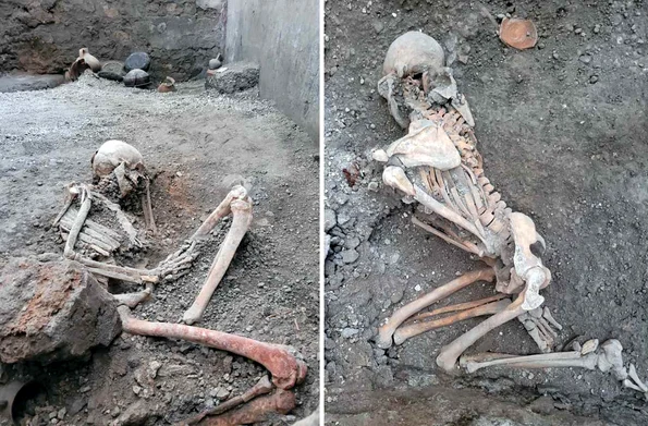 Două schelete ale unor victime ale erupției vulcanului Vezuviu, descoperite la Pompeii (foto: Facebook / Pompeii - Parco Archeologico)