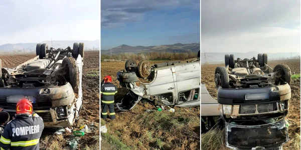 Microbuz pentru transport persoane răsturnat pe DN 14 între Mediaş şi Brateiu Foto colaj ISU Sibiu 