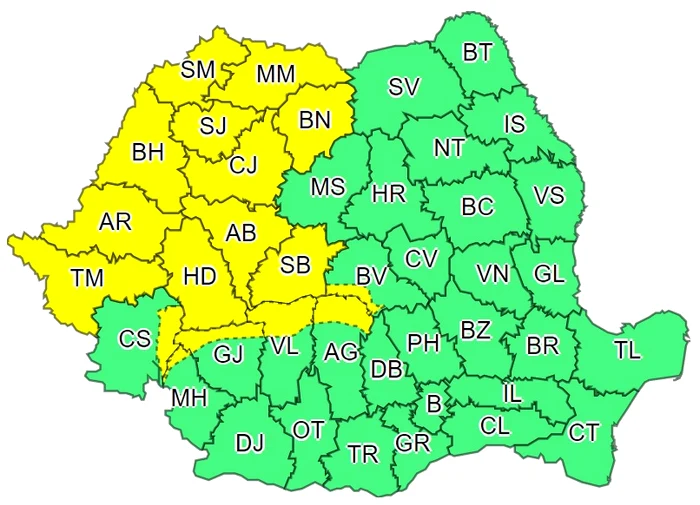 Harta cu zonele vizate de codul galben, joi, 9 iunie