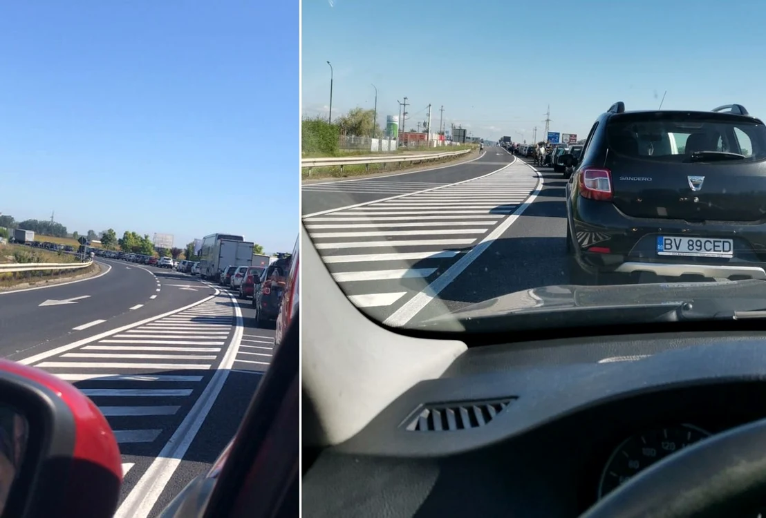 Coloană de maşini pe DN 1 în Avrig - Sibiu în urma unui carambol cu patru autovehicule Foto colaj Facebook