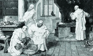 Călugări în bucătăria mănăstirii, pregătind mâncare în Postul Paștelui. Ilustrație de sec. XIX (@ Ghetty Images)