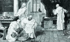 Călugări în bucătăria mănăstirii, pregătind mâncare în Postul Paștelui. Ilustrație de sec. XIX (@ Ghetty Images)