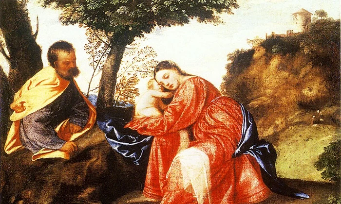 Tabloul „Riposo durante la fuga in Egitto” („Odihnă în timpul fugii în Egipt”) de Tițian (© Wikimedia Commons)