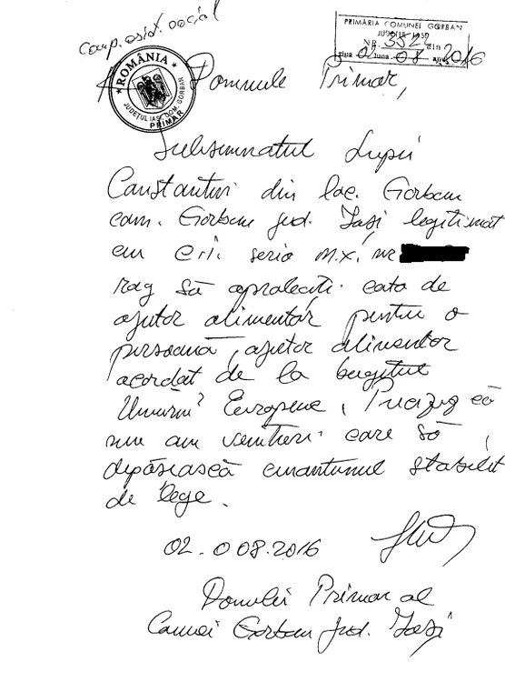 Cererea scrisă de Constantin Lupei, consilier local la Primăria Gorban