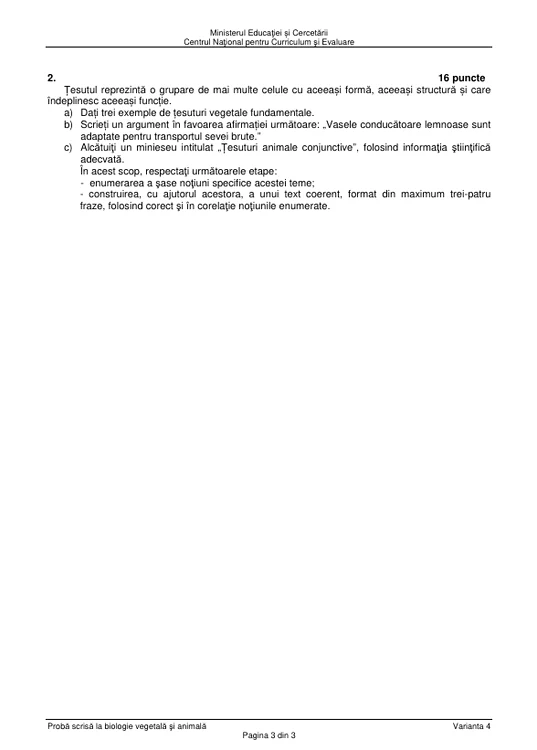 Subiectele probei Biologie vegetală și animală, sesiunea august