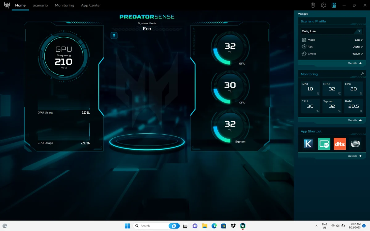 Acer Predator Helios Neo 16 (2023) captură PredatorSense.