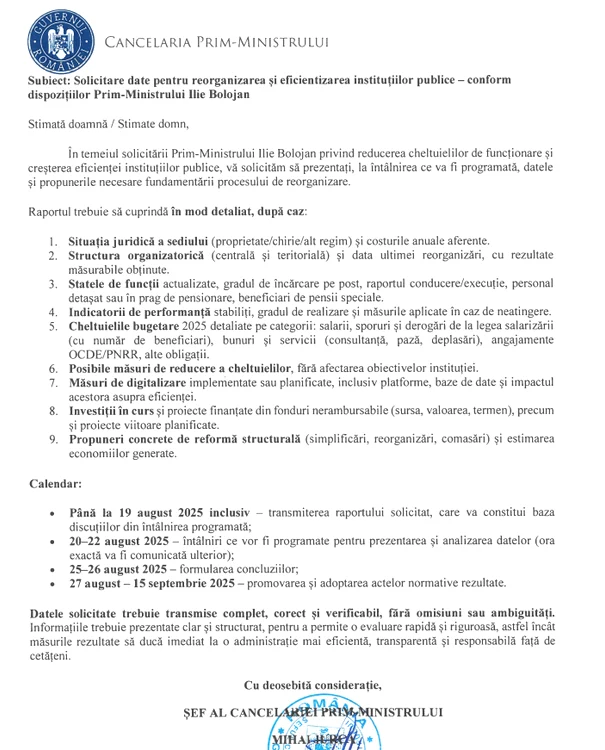 Documentul specifică clar datele pe care le vrea Bolojan pe masă / Sursa foto: captură document
