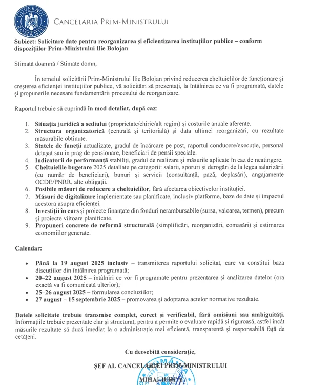 Documentul specifică clar datele pe care le vrea Bolojan pe masă / Sursa foto: captură document