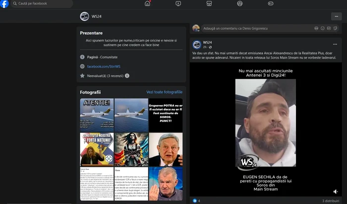 Așa-zisă pagină de știri WS24 îi promovează pe Eugen Sechila și Călin Georgescu FOTO Facebook