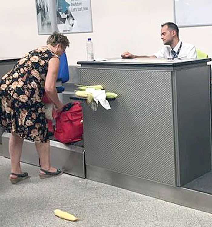 
    Funcţionarul din aeroport, uimit de conţinutul paporniţeiFoto: Bogdan Todea - Facebook  