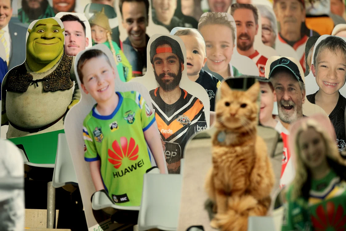 
    În tribune, la meciul dintre Penrith Panthers și Newcastle Knights, au fost așezate poze de fani, dar și una a lui Shrek sau a unei pisici!Foto: Guliver / GettyImages  