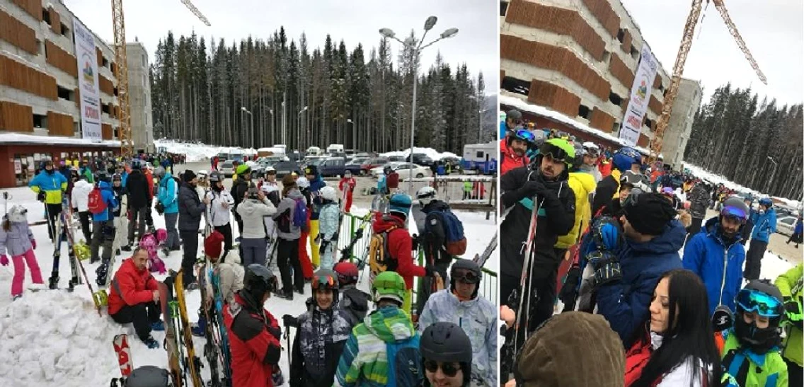 Turiştii stând la coadă aşteptând în frig furnizarea curentului în parametri normali la Transalpina Ski Resort Foto colaj Facebook