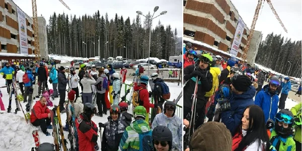 Turiştii stând la coadă aşteptând în frig furnizarea curentului în parametri normali la Transalpina Ski Resort Foto colaj Facebook