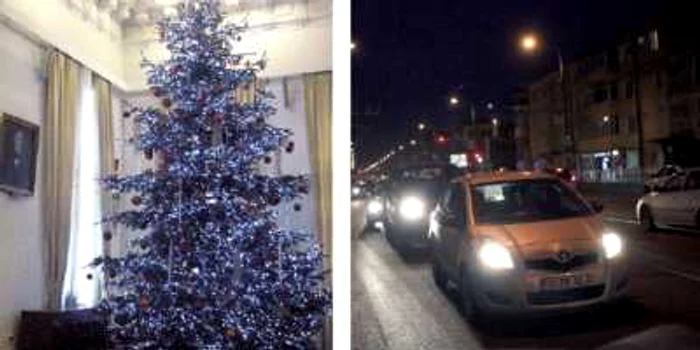 Bradul din Sala Mare a Primăriei. Bulevardul Tudor Vladimirescu este luminat de farurile maşinilor