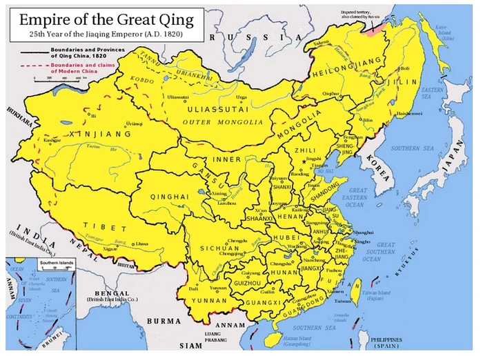 Foto: Întinderea maximă a Imperiului Chinez în timpul Dinastiei Qing și granițele actuale ale Chinei