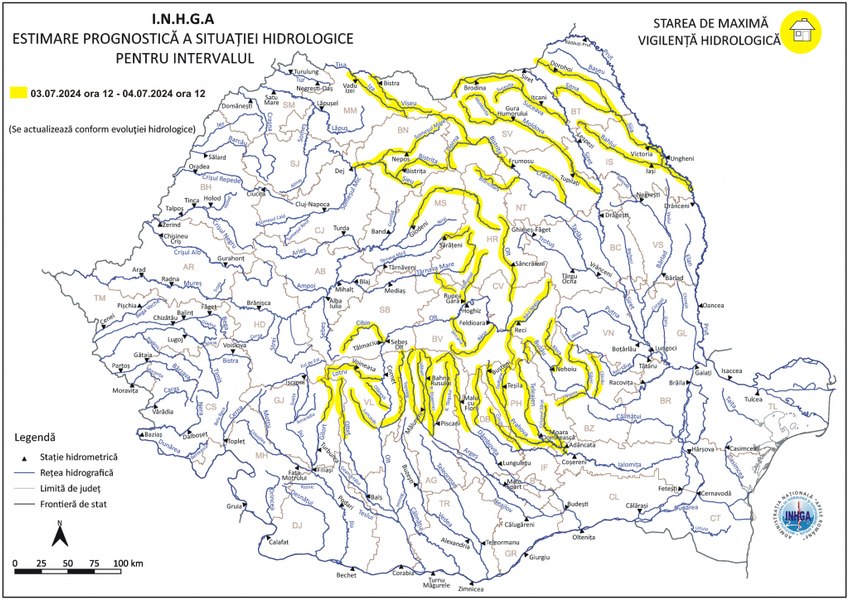 Pericol de inundații în zeci de zone din țară, până joi. Harta posibilelor depăşiri ale cotelor de atenție
