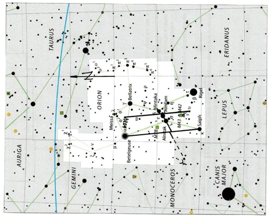 Fig. 18. Reprezentarea hieroglifei nr. 10 in constelația Orion.
Stelele folosite pentru reprezentarea hieroglifei 10 în constelațiile Orion și Monoceros.
1. Steaua 6074, magnitudine 5, 88, Orion.
2. Steaua 5499 (gama), magnitudine3.98 , Monoceros.