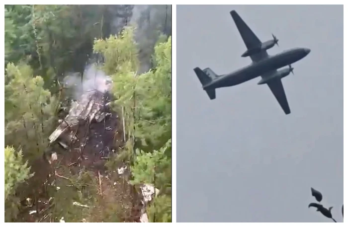 Fuselajul văzut din elicopter. În dreapta - imagine cu avionul înainte de prăbușire FOTO Profimedia