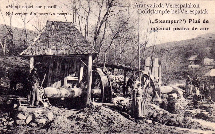 Șteampuri la începutul secolului XX. Roșia Montană. Ilustrată. Foto: delcampe.net.