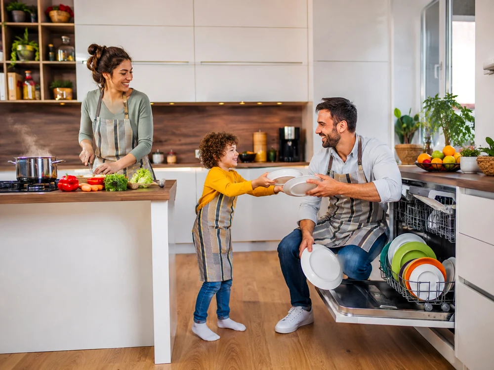 Familie în bucătărie gătind și spălând vase Foto DMS Ghidul cumpărătorului Adevărul