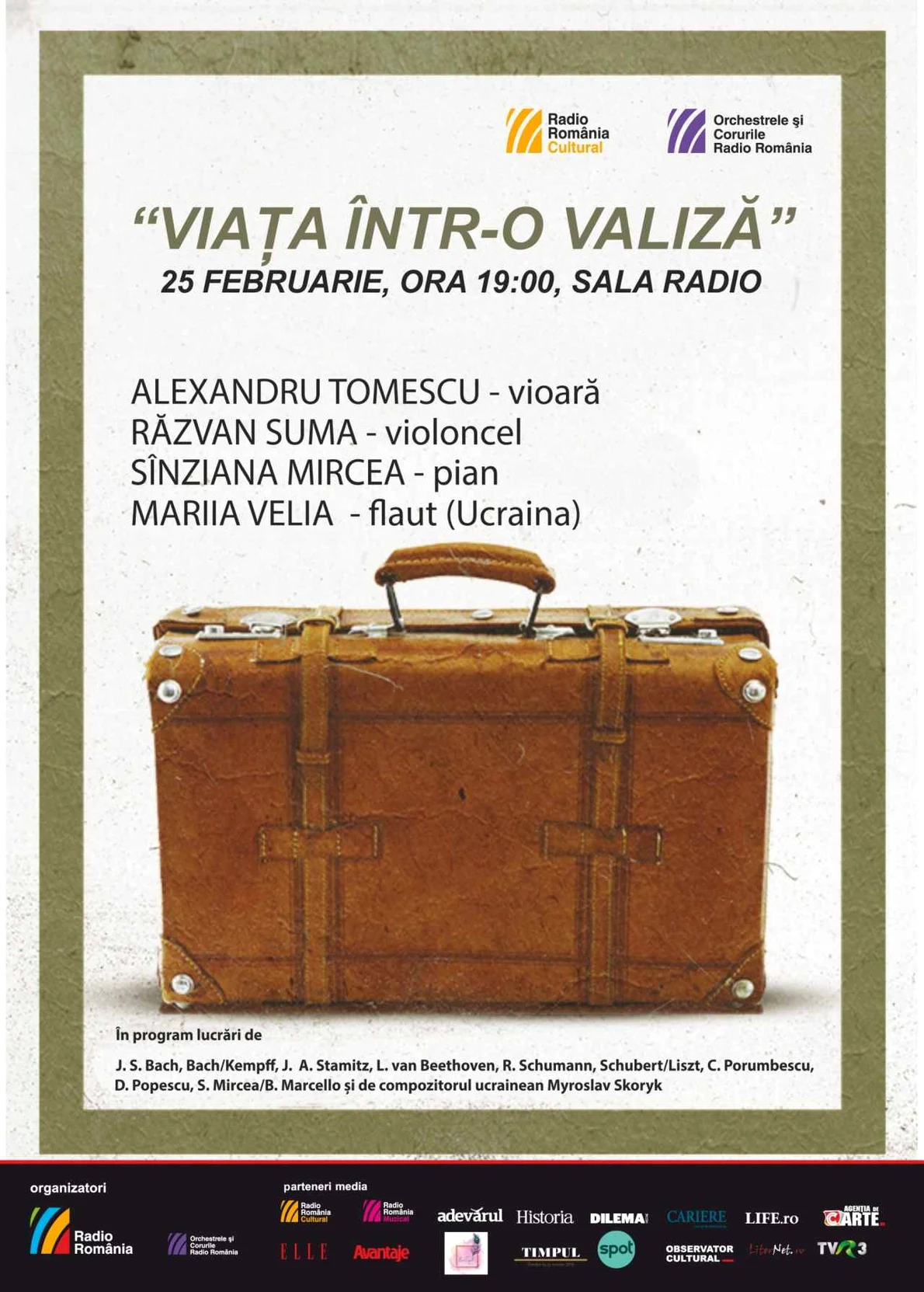 Alexandru Tomescu, Răzvan Suma și Sînziana Mircea urcă pe scena Sălii Radio, în cadrul concertului “Viața într-o valiză”