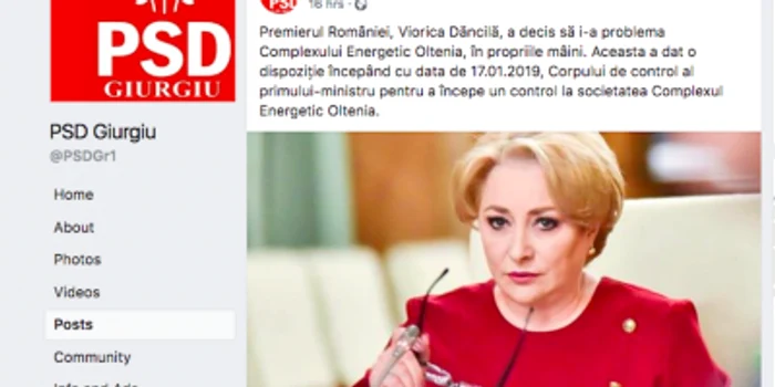 Postarea greşită PSD Giurgiu despre Viorica Dăncilă Sursa Facebook PSD Giurgiu