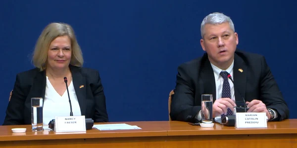 Întâlnire bilaterală dintre ministrul Federal de Interne al Germaniei, Nancy Faeser, și ministrul Afacerilor Interne, Cătălin Predoiu   Foto: captură de ecran