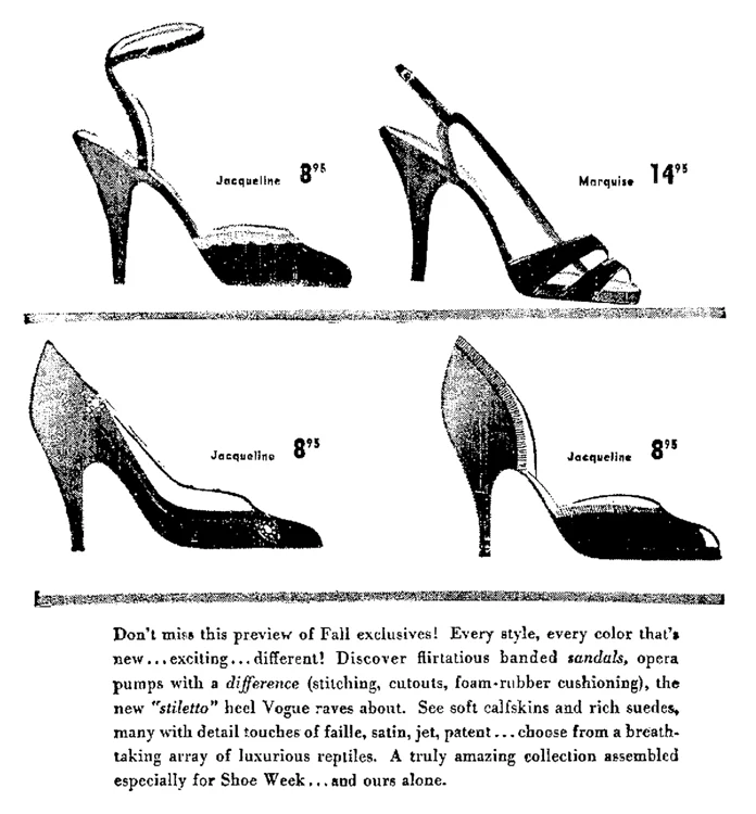 Reclamă pentru pantofi cu toc stiletto din 1952 (© Wikimedia Commons)