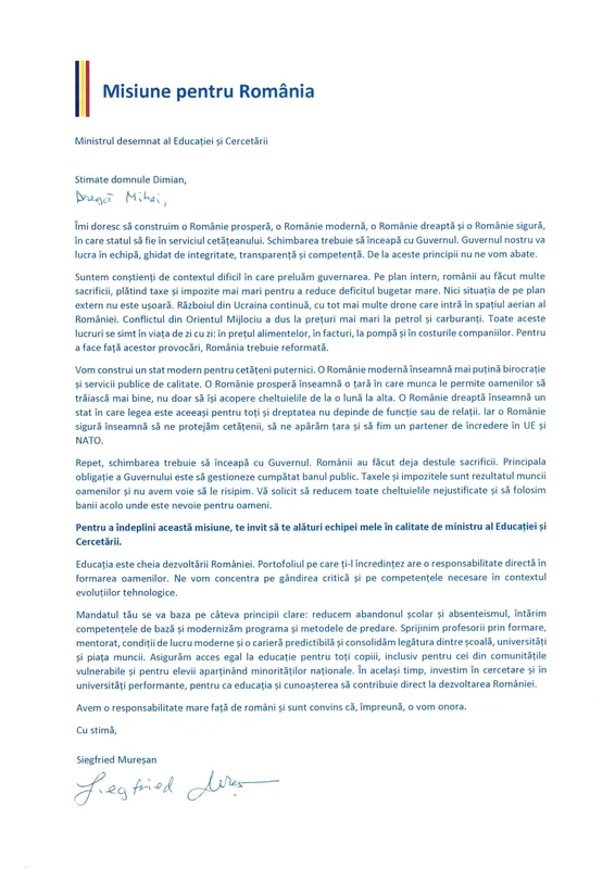 Mureșan le-a transmis celor 16 miniștri propuși în viitorul Cabinet câte o „scrisoare de misiune”.