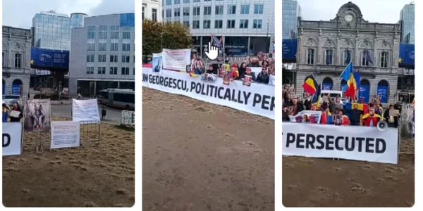 protest calin georgescu bruxelles  colaj social media png