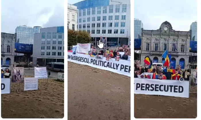protest calin georgescu bruxelles  colaj social media png