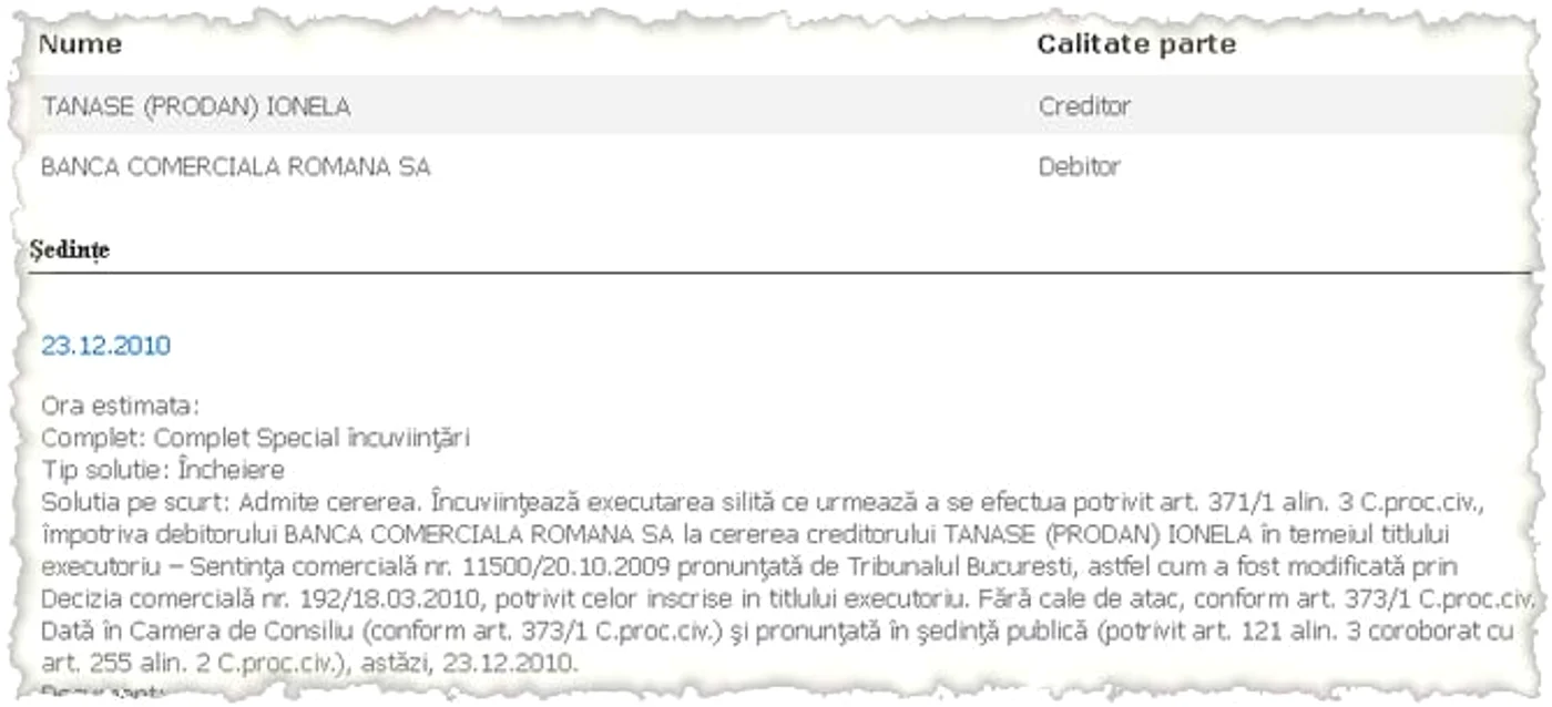 Pagina de Internet a instanţelor de  judecată dovedește numeroasele  procese dintre Ionela Prodan și BCR