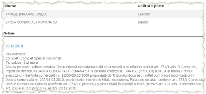 Pagina de Internet a instanţelor de  judecată dovedește numeroasele  procese dintre Ionela Prodan și BCR