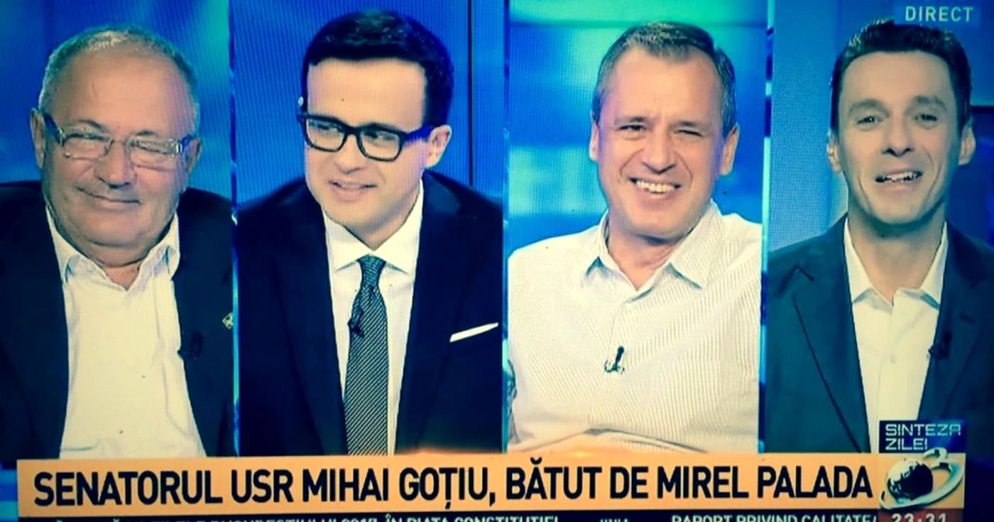 Sorin Roşca Stănescu, Mihai Gâdea, Mugur Ciuvică şi Mihai Gâdea s-au distrat copios pe seama loviturilor primite de senatorul USR de la fostul purtător de cuvânt al Guvernului Ponta FOTO Captură Grigore Cartianu