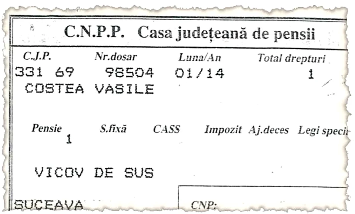 Acesta este talonul  de pensie al lui  Vasile Costea, din  luna ianuarie
