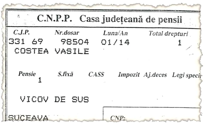 Acesta este talonul de pensie al lui Vasile Costea, din luna ianuarie