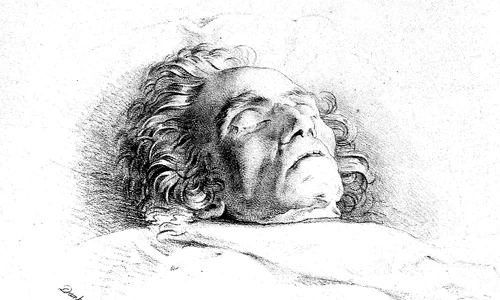 Ludwig van Beethoven pe patul de moarte, desen de Josef Danhauser (© Wikimedia Commons)