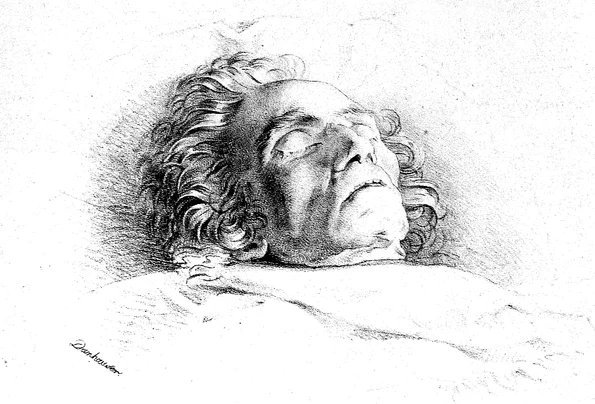 Ludwig van Beethoven pe patul de moarte, desen de Josef Danhauser (© Wikimedia Commons)