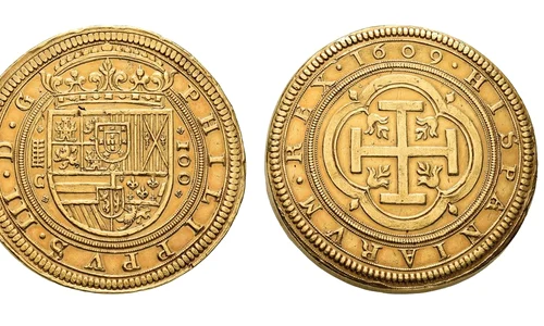 Moneda „Centen” bătută în 1609, pentru regele Filip al III-lea Spaniei (©  Numismatica Genevensis SA)