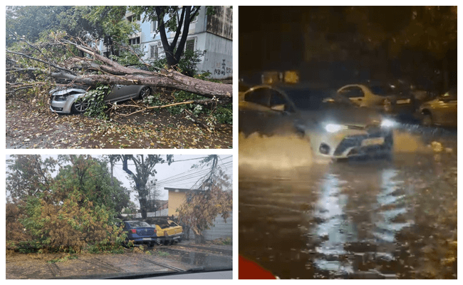 Furtuna a făcut prăpăd în București: străzi inundate, copaci doborâți, zboruri deviate. Ce pot face proprietarii cu mașini avariate