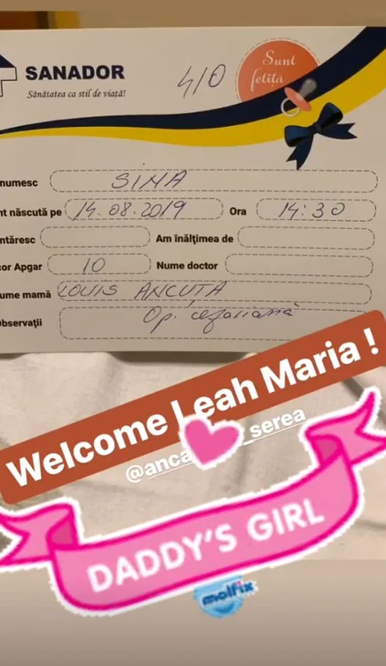 Adi Sînă a publicat această imagine după ce soția lui a născut, unde apare că aceasta a făcut operație de cezariană 