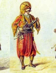 De la stânga la dreapta: Fiu de boier din gardă, arnăut din gardă și panțâr, de la începutul secolului XIX (Desene de G. Asaki. Originalele, la BCU Cluj)