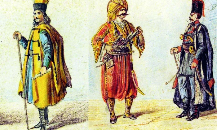 De la stânga la dreapta: Fiu de boier din gardă, arnăut din gardă și panțâr, de la începutul secolului XIX (Desene de G. Asaki. Originalele, la BCU Cluj)