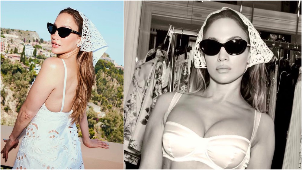 Jennifer Lopez siluetă tonifiată în costum de baie retro două piese, tocuri înalte și accesorii vintage, evidențiind fitness disciplină la 57 de ani | sursa foto: Click