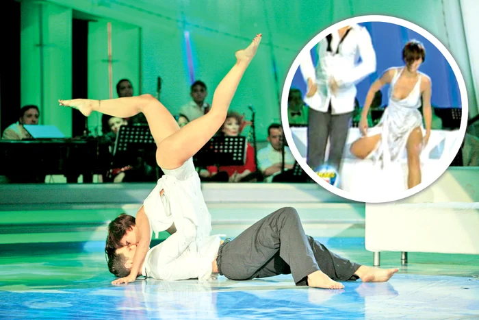 
    Andreea Popescu,  partenera lui Liviu  Vârciu, a păţit-o şi ea:  la finalul momentului artistic, unul dintre sâni  i-a ieşit afară obraznic  din decolteu  