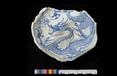 Fragment de bol din porțelan albastru-și-alb din dinastia Yuan, decorat la interior cu un dragon, secolul al XIV-lea (© dr. Michael Flecker)
